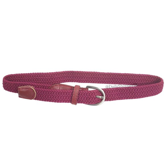Women's Burgundy Braided Elastic Belt with Vegan Leather Details - Picture 1 of 9